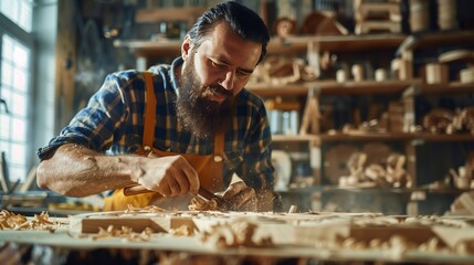 In a modern woodworking studio, a bearded craftsman intricately carves timber, surrounded by chisels and sawdust. - Powered by Adobe