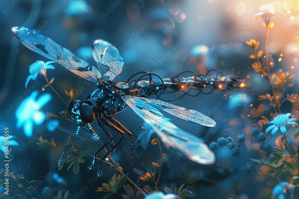 Sticker Mechanical Dragonfly Hovering Over Bioluminescent Flora