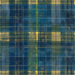 Modern Plaid Pattern, Blue and Yellow Shades, Grunge Texture