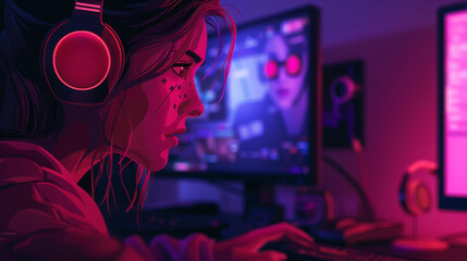 Illustration of a trendy woman competing in an esports tournament, showcasing competitiveness and dedication.