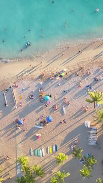Vertical Screen: A stunning vertical 4K aerial view captures the beautiful beach of Oahu, Hawaii, with beachgoers enjoying turquoise waters, creating a perfect tropical scene under the sunshine