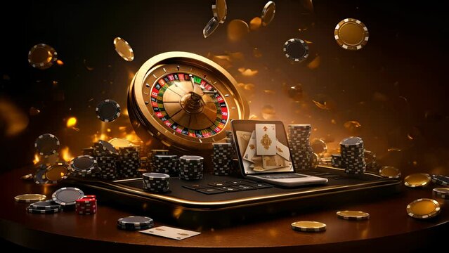 casino, gamble, poker, money, luck, chance, Podium with smartphone, casino slot machine, Casino Roulette , cards and poker chips in dark gold scene