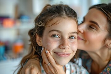A close-up of a mother wiping her daughter's face with a gentle smile. The daughter looks up with a happy expression, ready for her school day. The background features a tidy, bright room with school - Powered by Adobe