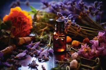 Fototapeta premium Essential Oil Bottle Surrounded By Aromatic Herbs And Blooms For Natural Wellness. Generative AI