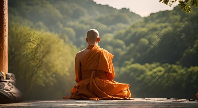 Buddhist monk praying in the temple.