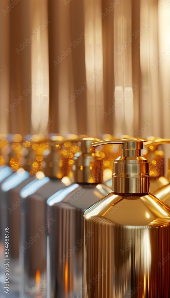 Poster A close-up shot of a row of golden shampoo and conditioner bottles in a salon setting. Generative AI