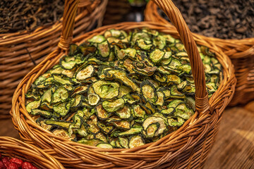 Crispy Dried Okra Slices in Artisanal Wicker Basket