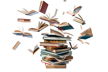A pile of books flying in the air isolated on a transparent background	
