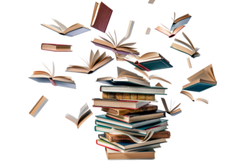 A pile of books flying in the air isolated on a transparent background	
