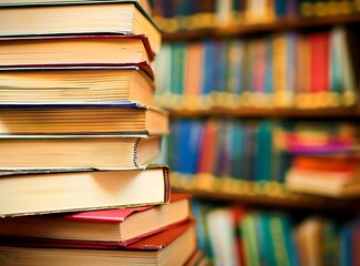 A stack of books in front of bookshelves with a blurred background