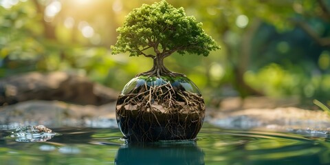 3D tree roots in globe of water symbolize importance of water. Concept Environmental conservation, 3D art, Water sustainability, Tree roots symbolism, Global impact