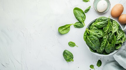 Obraz premium fresh spinach leaves in a small bowl, with salt and pepper next to it, eggs in the back right, and cream cheese on a little brown plate at the top right, all against a white background.