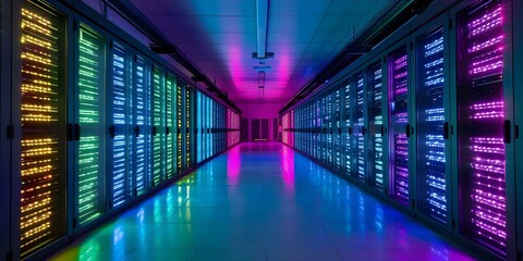 Vibrant LED lights brighten a data center server rack in a network room. Concept LED Lights, Data Center, Server Rack, Network Room, Technology Landscape