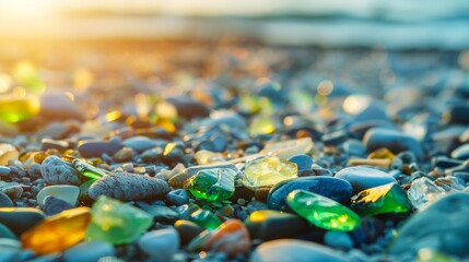 Fototapeta premium Beautiful sea glass gems on a beach, colorful beach treasures. Green, blue, and other vibrant sea glass colors with smooth textures.