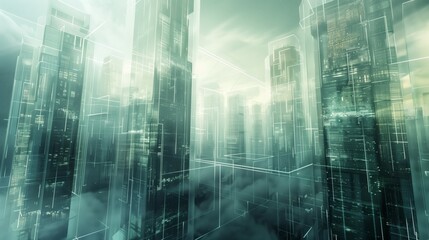Naklejka premium A futuristic cityscape with transparent pilasters encasing radiant energy, casting an ethereal glow on the skyline.