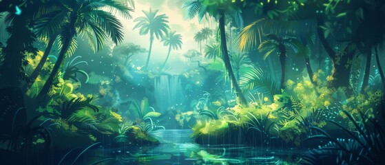 Naklejka premium Whimsical Amazon rainforest illustration with fantastical creatures.