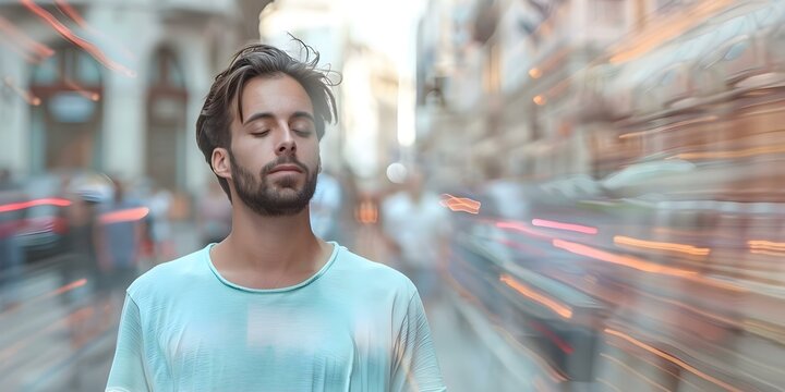 Man finds peace amidst chaos on a busy city street with closed eyes. Concept Inner calm amidst chaos, Finding peace, Mindful moments, City meditation, Tranquility in the hustle
