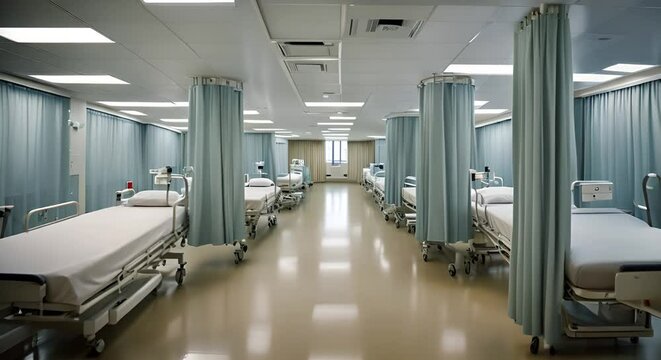 Many stretchers in a hospital.