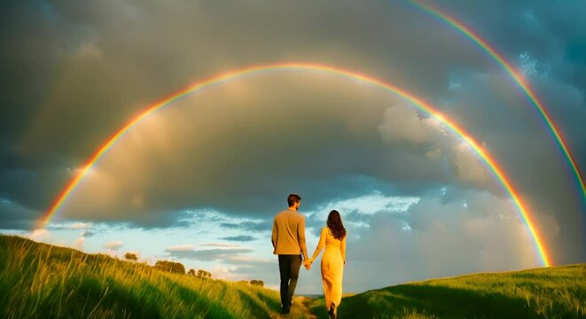 Couple with a rainbow in the background.