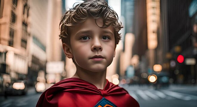 Boy dressed as a superhero in the city.