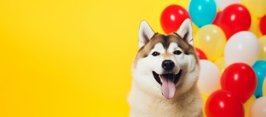 Fototapeta premium Cheerful dog with balloons on a festive yellow background. Banner, postcard, copy space