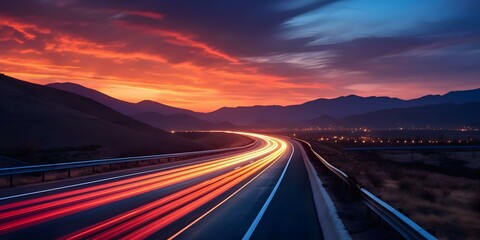 Fototapeta premium Timelapse photo of a busy freeway at dusk capturing hig. Concept Timelapse Photography, Busy Freeway, Dusk, Highway Traffic, Urban Landscape
