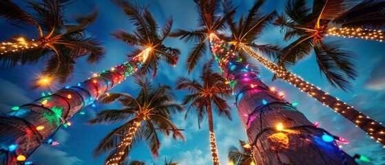 Tropical Christmas, Palm trees decorated with lights at night. Palm trees adorned with colorful fairy lights and illuminated coconut.