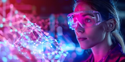 Female scientist in safety glasses using holographic screen with network pattern. Concept Science and Technology, Female Empowerment, Holographic Technology, Network Security, Innovation in Research