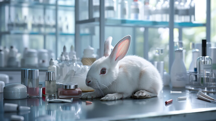 Testing cosmetics on animals. A white defenseless albino rabbit lies on a table in a chemical laboratory, various bottles and vials