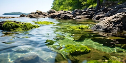 Green algae in water with rocky shore in background nature scene. Concept Nature Photography, Water Environment, Rocky Shore, Algae Ecosystem, Outdoor Landscapes