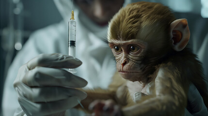 A doctor gives a small brave monkey an injection with unknown contents. The concept of conducting dangerous experiments
