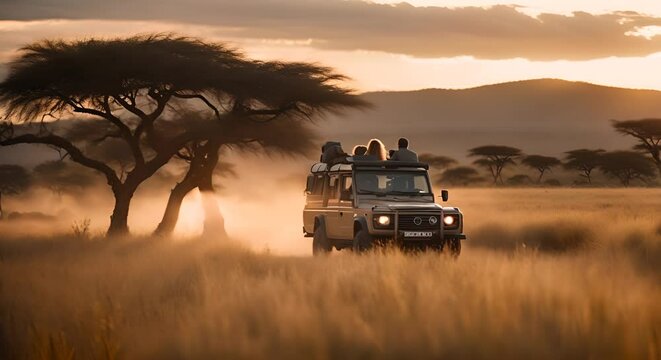 Car on safari in the savanna.