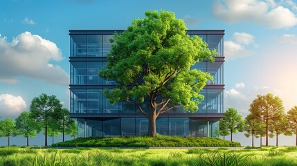 office building with tree for reducing carbon dioxide, Eco green environment 