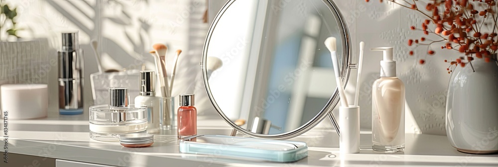Aufkleber a tabletop mirror is surrounded by various cosmetic products in a bright and inviting bathroom setti