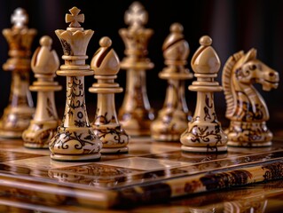 Fototapeta premium An elegant chess set with intricately carved pieces arranged on a polished wooden board. 