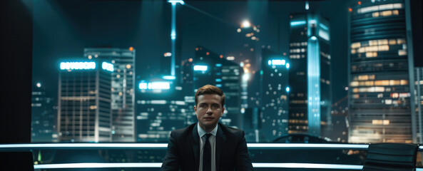Fototapeta premium A man in a suit sits at a desk with his hands clasped in front of him. The background is a cityscape at night