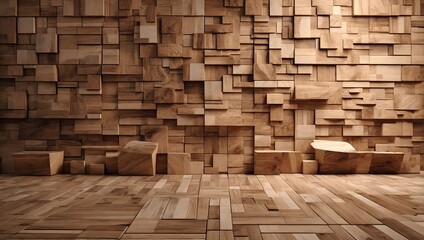 Fototapeta premium 3D Tiles arranged to create a Natural wall. Timber, Wood Background formed from Square blocks. 3D Render