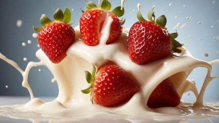 strawberries splashing into milk