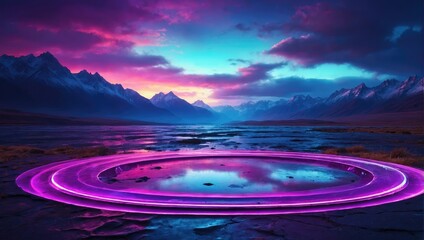 A purple ring of light is lit up by the mountains background