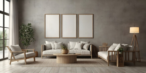 Three empty photo frame for mockup in living room, 3D rendering