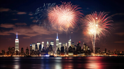 USA Independence Day July 4, night city across the river in salute. AI generated.