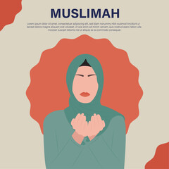 Beautiful Muslim woman holding her hands in prayer flat style vector portrait design with text space.