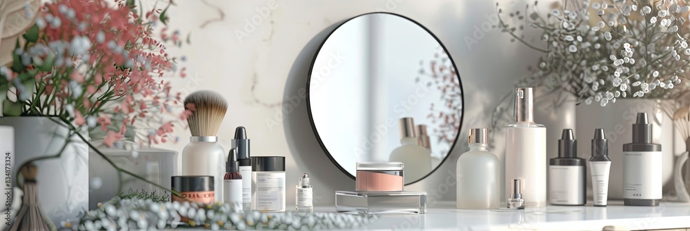 Poster a close-up view of a vanity table with a circular mirror, surrounded by various cosmetic products an