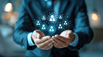 a man in a suit holding out his hands with a social network icon in front of him