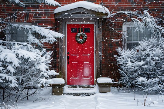 Close up of red door in snowy yard