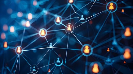 illustration connecting people on the internet, social network connection, glowing connections between people icons on dark blue background. Digital technology and online communication concept