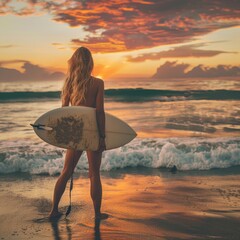 A woman stands on the beach holding a surfboard