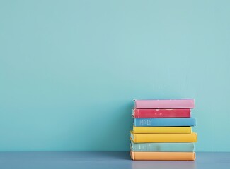 A stack of colorful books on the table against a light blue wall background with copy space for text in the style of stock photo contest winner