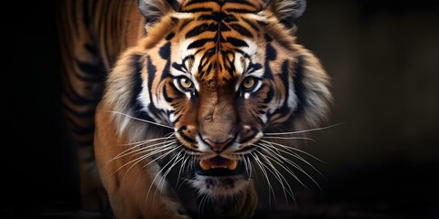 Naklejka premium Closeup portrait of fierce Bengal tiger capturing its powerful and majestic presence. Concept Animal Photography, Close-up Shot, Wild Nature, Majestic Beast, Powerful Presence