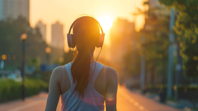 woman joggin in street city with hearing music headphone